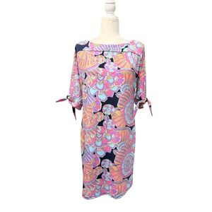 Trina Turk Shift Dress Women M Multi Stretch Psychedelic Floral Split Tie Sleeve